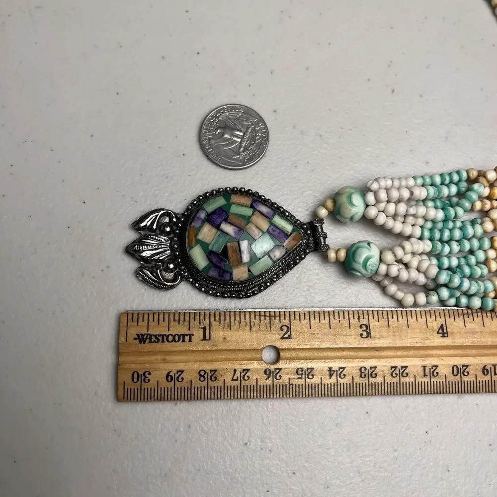 Mosaic Teardrop Pendant Western Tribal Multi Strand Beaded Necklace Silver Tone